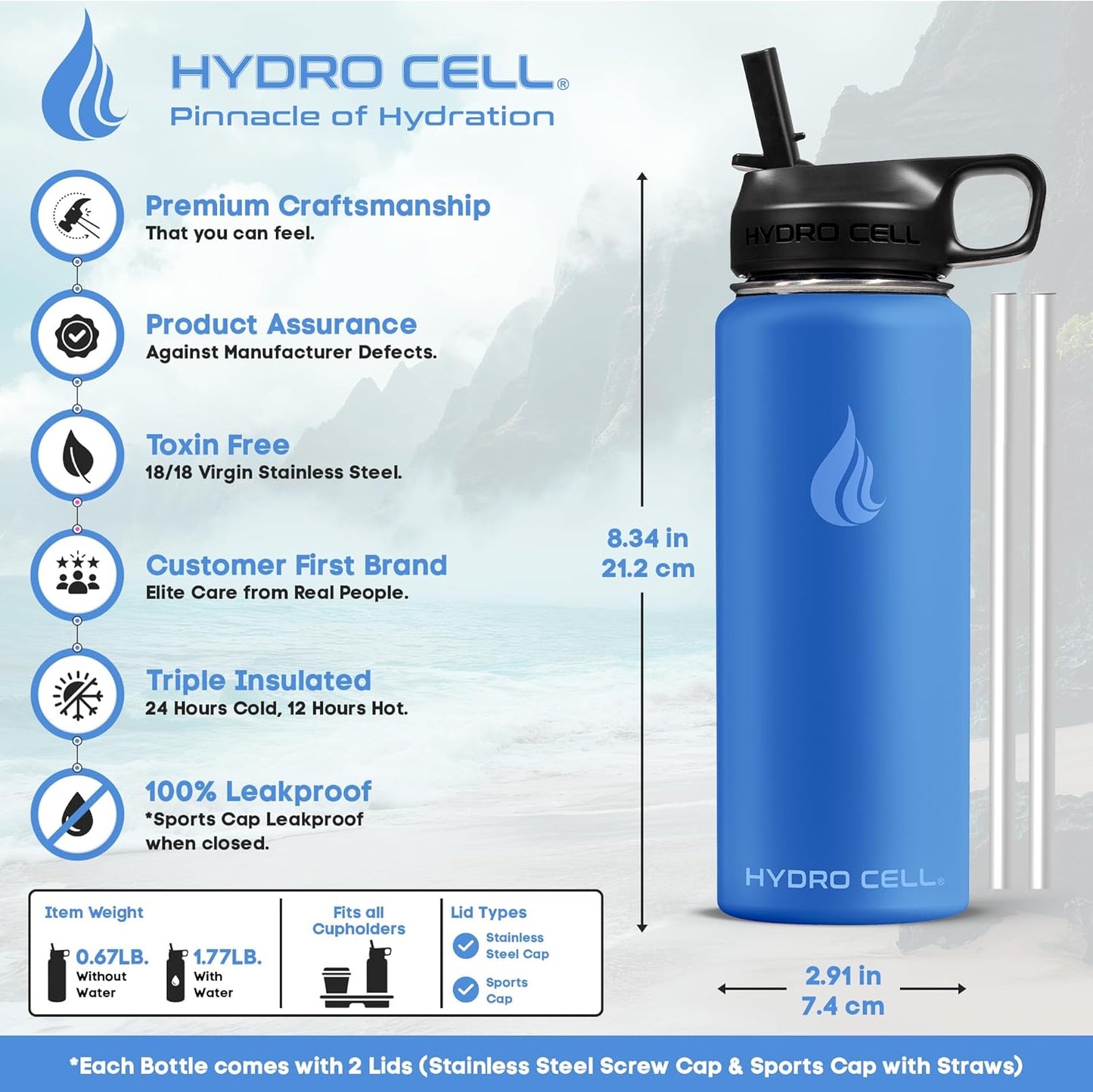HYDRO CELL Stainless Steel Insulated Water Bottle with Straw - For Cold & Hot Drinks - Metal Vacuum Flask with Screw Cap and Modern Leakproof Sport Thermos for Adults (Neon 18oz)