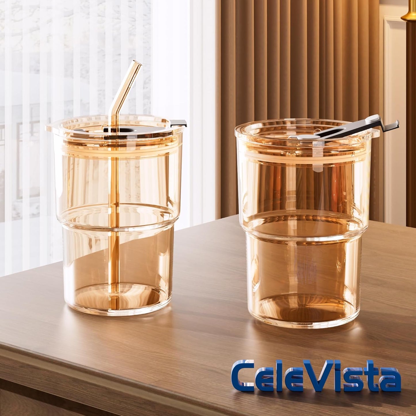 13 oz Iced Coffee Cup, Glass Tumbler with Straw and Lid for Tea, Matcha, Cold Brew, Sealed, Portable, Thick Wall, BPA-Free (Amber)