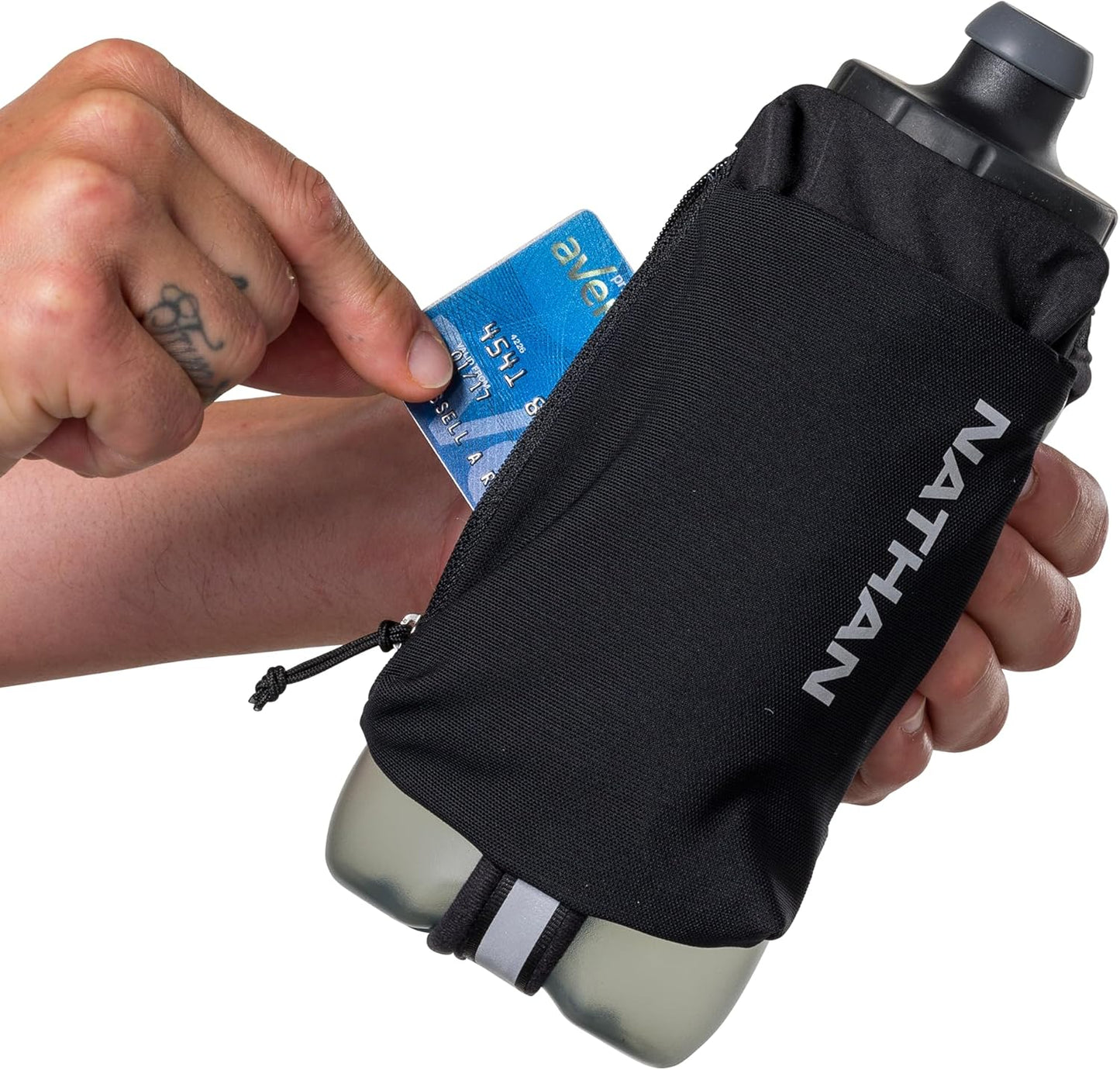 Nathan SpeedDraw 2 Insulated Handheld Running Water Bottle Flask 18oz – Double-Wall Insulation, Ergonomic Grip, Blast Valve Cap, Phone & Key Storage Pockets, Reflective Design