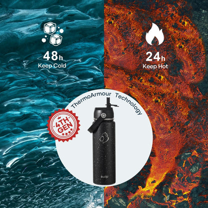 BUZIO 40oz Insulated Water Bottle, Triple Wall Vacuum Stainless Steel Water Flask with 2 lids, Lead-Free BPA-Free Straw Lid Sports Canteen Jug, Cold 48H & Hot 24H- Black - Colors A