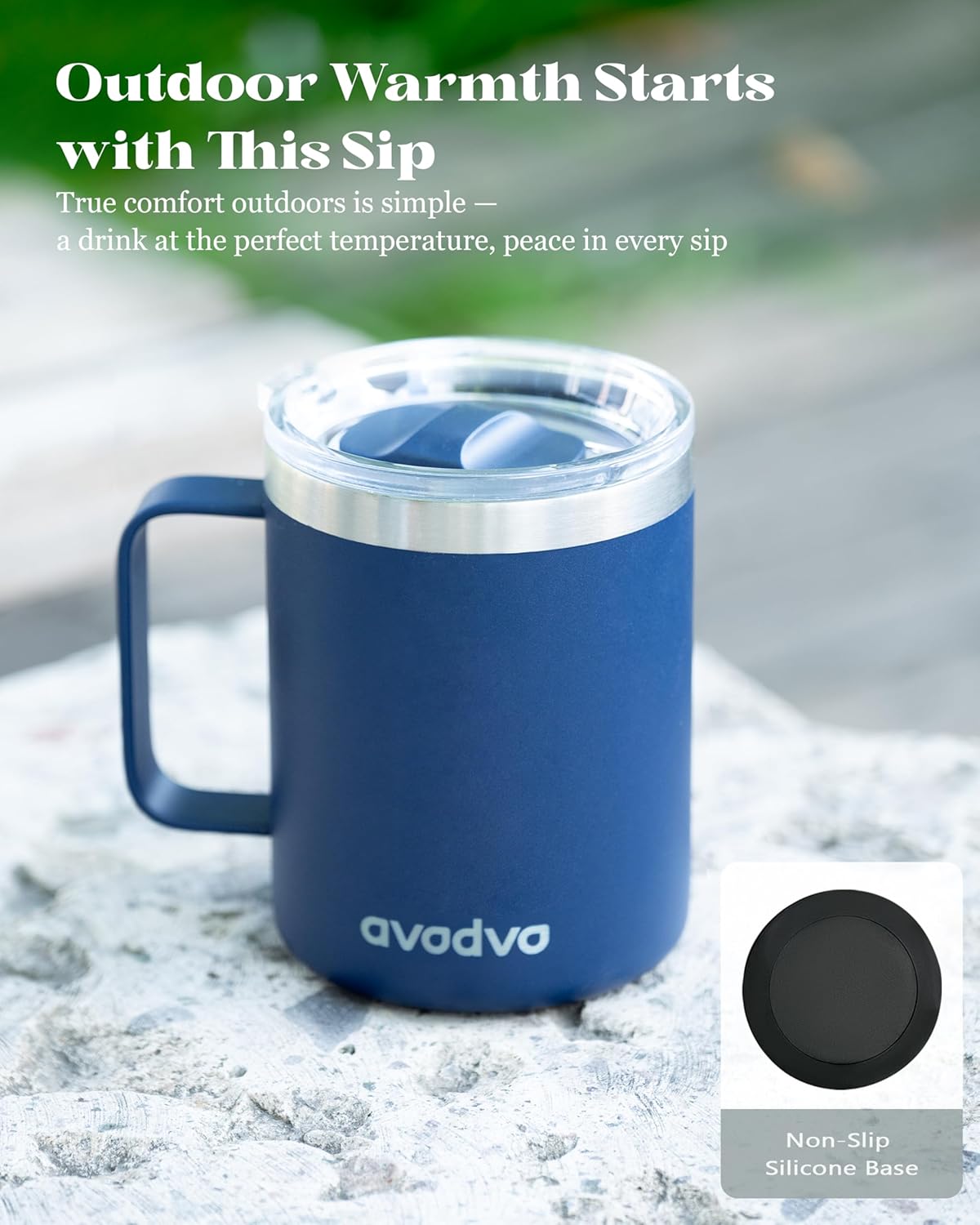 12oz Insulated Coffee Mug with Lid – Includes Two Lids, Stainless Steel Coffee Travel Mug with Handle, Double Wall Vacuum Insulated Camping Mug for Home, Office & Outdoor, Navy Blue