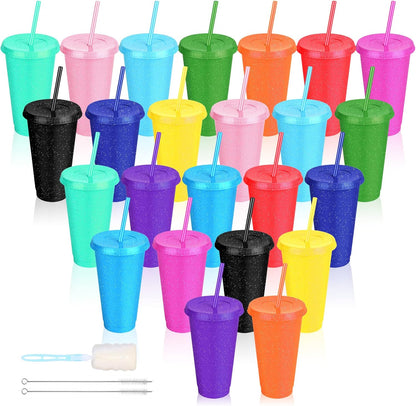24 Pack Plastic Tumblers with Lids and Straw, Reusable Cups with Lids and Straws Colorful Cups for Cold Drink Iced Coffee, Plastic Tumbler Bulk for Party Birthday Gifts (24 oz, Stylish Colors)