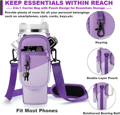 BULKITEM Water Bottle Carrier Bag with Phone Pocket for Stanley 40 & 30 oz Tumbler with Handle,Pink Insulated Neoprene Cup Holder Pouch w/Adjustable Strap for Quencher H2.0 Stanley Cup Accessories