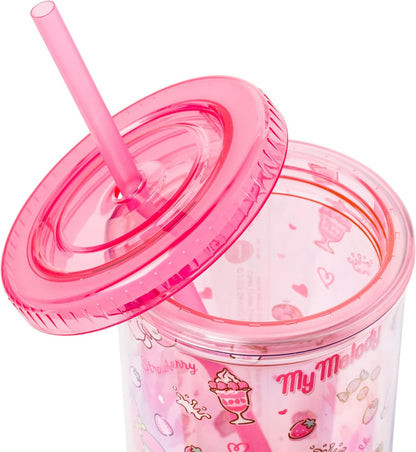 Silver Buffalo Sanrio Hello Kitty Milk Carton Pattern Plastic Boba Tumbler w Lid and Wide Straw, 24 Ounces