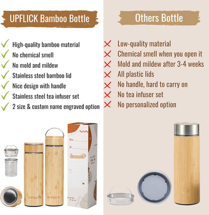 Bamboo Water Bottle Insulated Tea Tumbler for Men Birthday Gift, Women Travel Tea Set with Diffuser for Loose Tea Leaves, Stainless Steel Leak Proof Gift for Mom (15 oz)