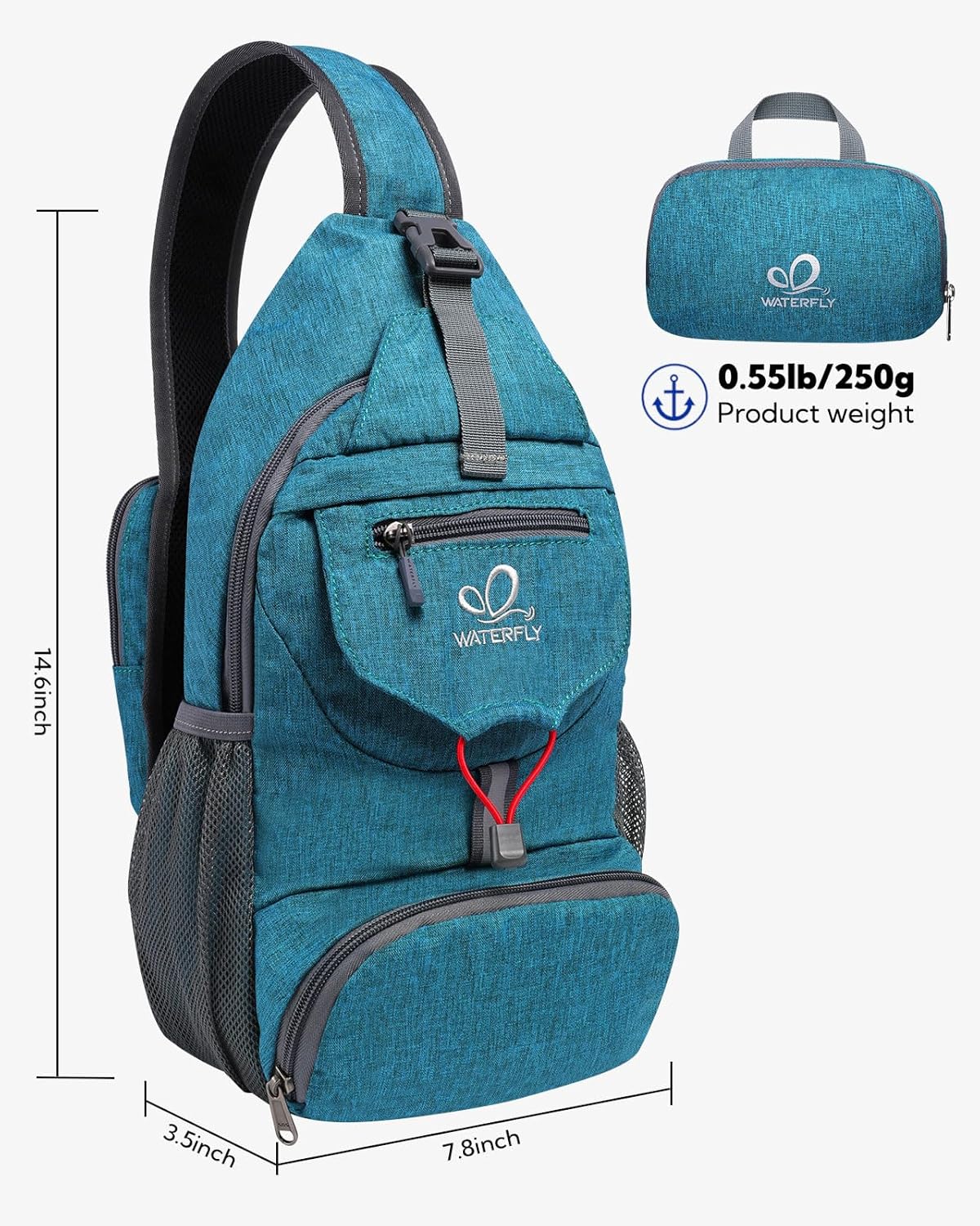 WATERFLY Packable Small Crossbody Sling Backpack Shoulder Chest Bag Daypack for Hiking Traveling