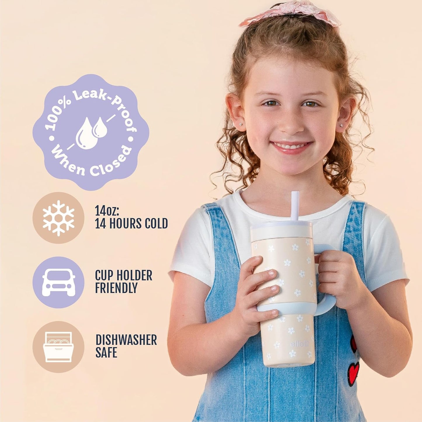 Ello Oasis 18oz Kids Tumbler with Handle & Retracting Straw, 100% Leakproof Reusable Insulated Stainless Steel Cup, Gifts for Teens Girls Boys, Keeps cold for 18 Hours, Cup Holder Friendly, Glacier
