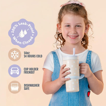 Ello Oasis 18oz Kids Tumbler with Handle & Retracting Straw, 100% Leakproof Reusable Insulated Stainless Steel Cup, Gifts for Teens Girls Boys, Keeps cold for 18 Hours, Cup Holder Friendly, Glacier