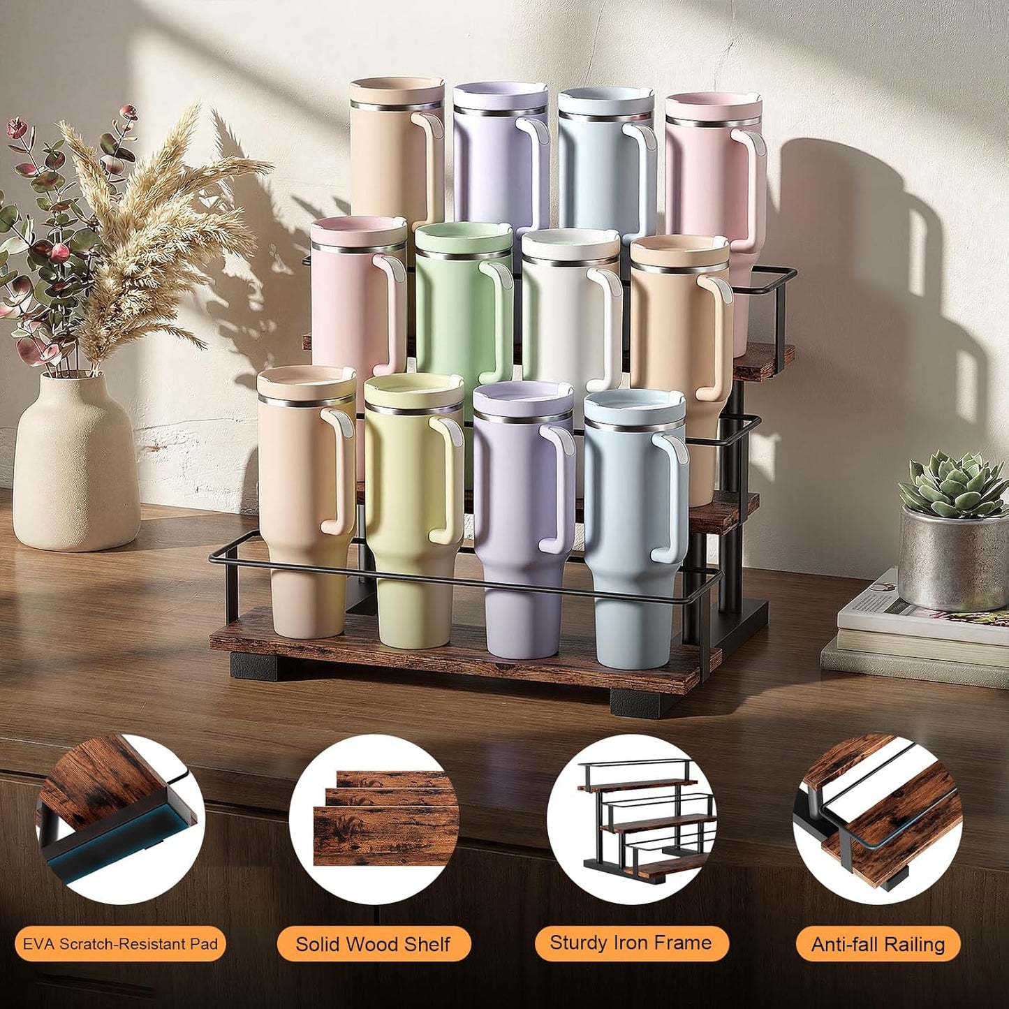 Stanley 40 oz Tumbler Compatible Organizer, 3-Tier Water Bottle Organizer with Wooden Shelves, Carbon Steel Rack Holds 12 Bottles, Kitchen & Bar Storage
