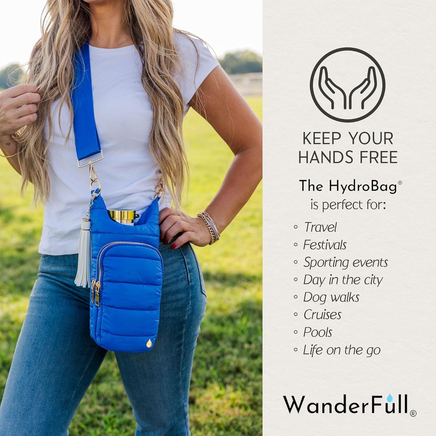 WanderFull Original HydroBag Fits Up to 32 oz Water Bottle Holder with Strap – Hands-Free Crossbody Water Bottle Carrier Bag with Phone Pocket - Colors A