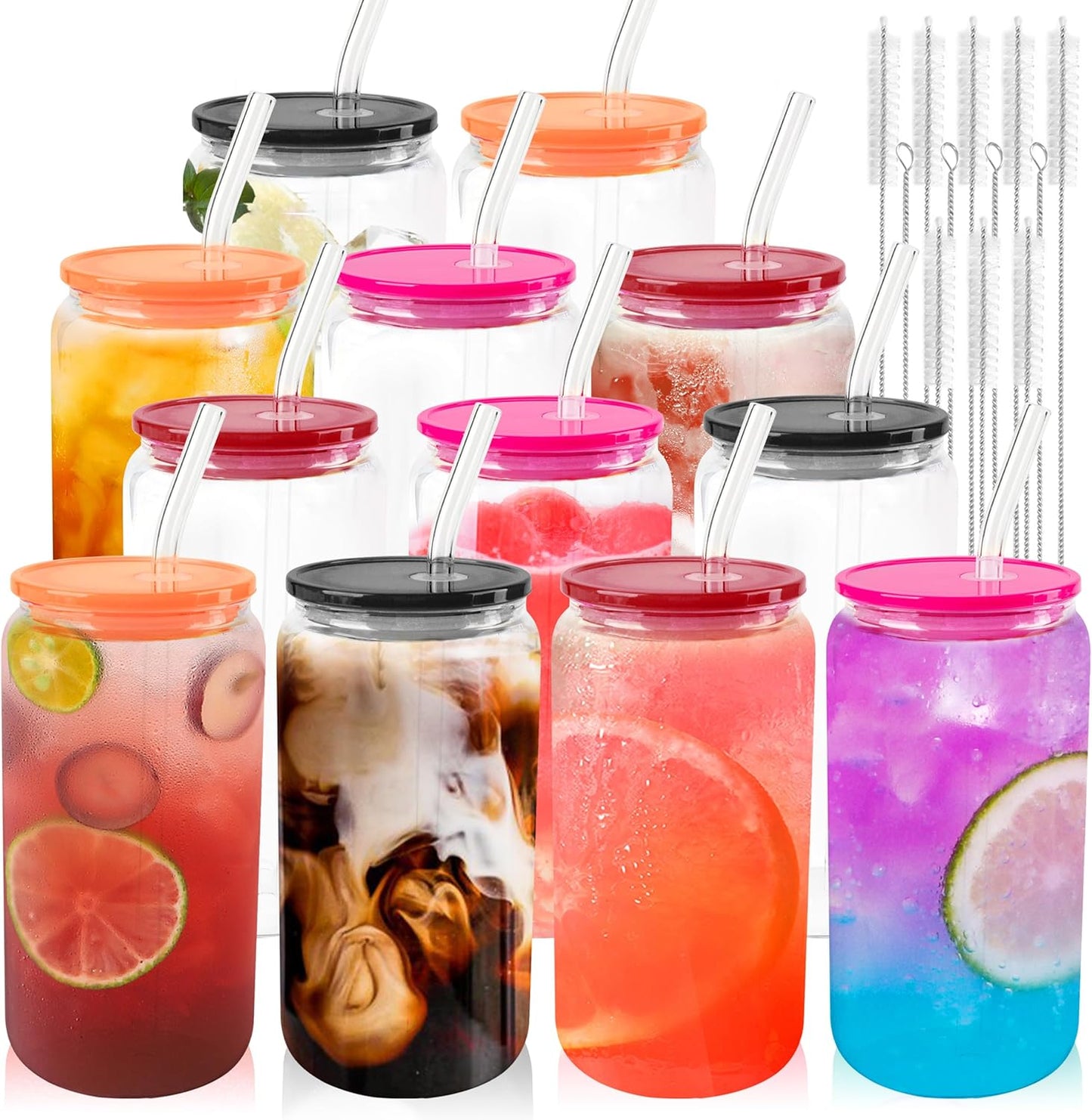 Joyclub 8pcs 16 oz Glass Cups with Acrylic Lids and Straws Can Shaped Iced Coffee Glasses Cute Tumbler Set Drinking Jars for Smoothie Soda Boba Beer Party Housewarming Gifts