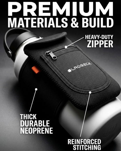 Magnetic Water Bottle Sleeve for Gym - Fits 18-40oz Bottles, 9-12 in Circumference - 4 Magnets Attach to Metal Equipment - Phone Pocket for iPhone 17 Pro Max - Black Neoprene (Bottle Not Included)