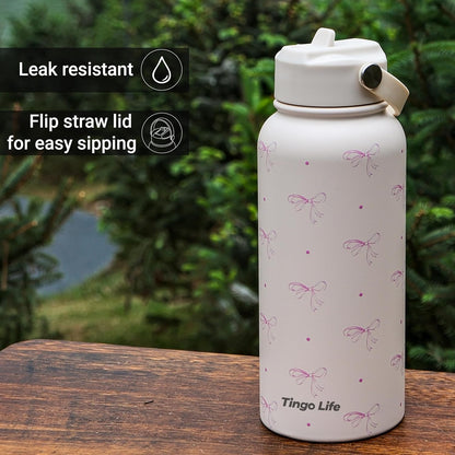 25oz Insulated Stainless Steel Aesthetic Cute Water Bottle - 2 Lids Included (Straw + Sport Handle), Leakproof BPA-Free, Dreamy Cream Cute Floral Design, Perfect Gym/Yoga/Office Companion