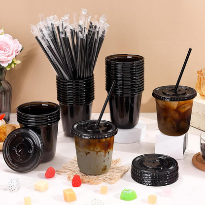 tchrules 100 Set 16oz Plastic Cups with Lids and Straws, Disposable Clear Iced Coffee Cup with Lid, Round Bottom Plastic To Go Cups for Cold Drinks Slushie Smoothie Lemonade Matcha Party Shop Supplies