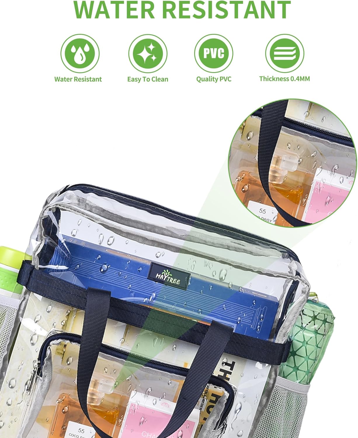 MAY TREE Clear Bag for Stadium Events, 12×5.5×12 Clear Tote Lunch Bag with Non-detachable Reinforced Straps for Work, Sporting Events and Gym, Black
