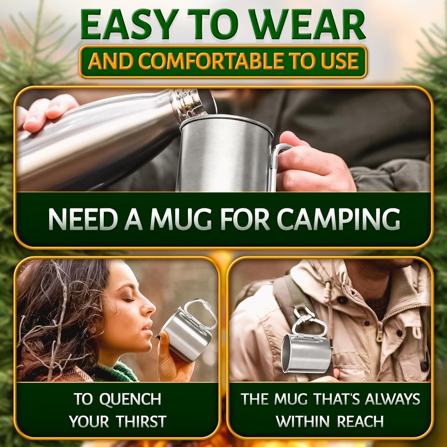 13.5 Oz Camping Mug with Carabiner Handle - Clip-On & Lightweight Design, Stainless Steel Camping Cup for Backpacking, Hiking & Travel - Packable Metal Coffee Mug for Hot & Cold Tea, Soup & Cocoa