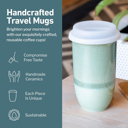 NOVA CERAMICS Coffee Tumbler – Travel Mug - On the Go Coffee Mug – Microwave & Dishwasher Safe Green Coffee Tumbler - Gifts For Women Men Him Her – 16oz – Monsoon