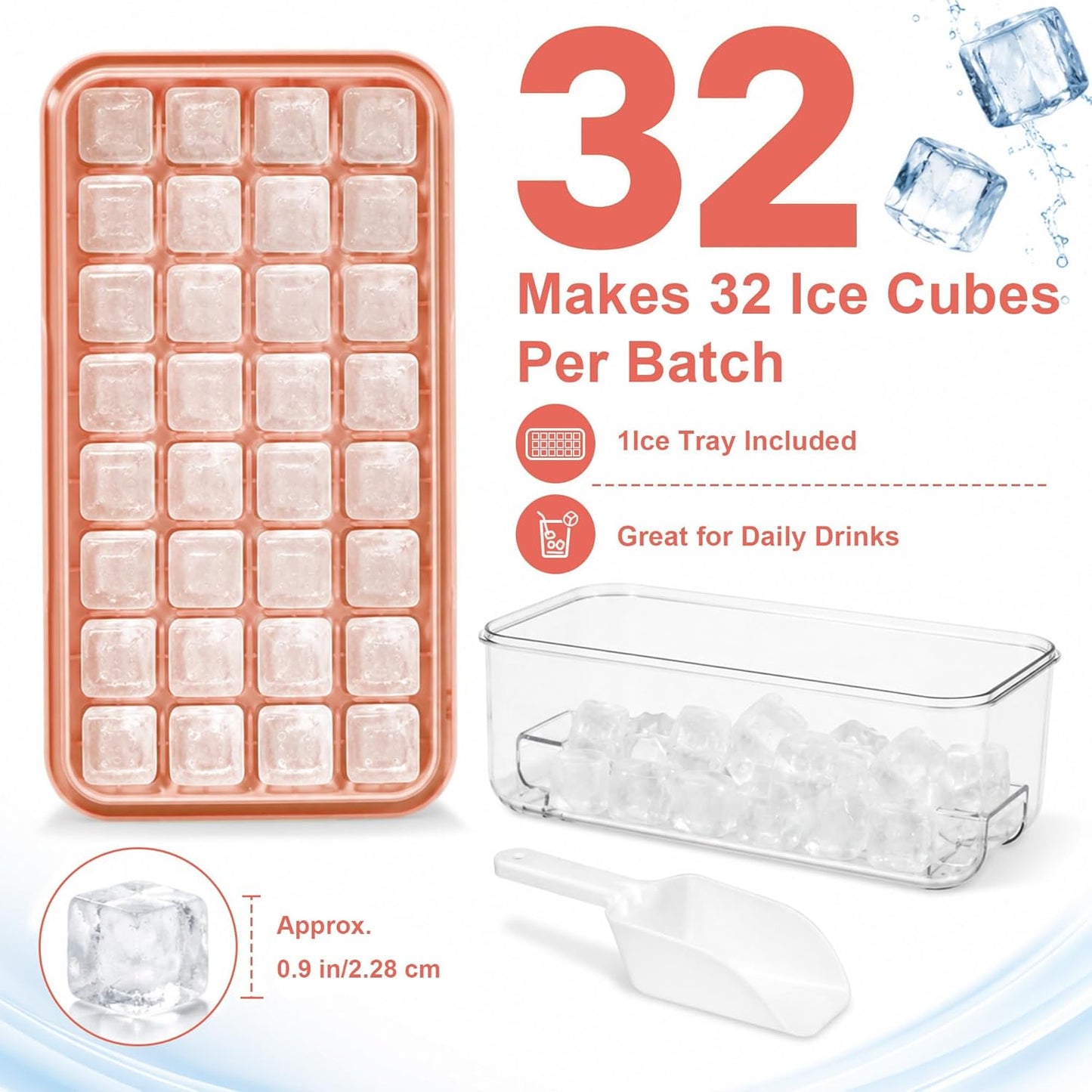 Ice Trays for Freezer with Lid & Bin, Ice Cube Tray Making 64 pcs Ice Cubes, Easy Press to Release Ice, Ice Tray with Storage Bin Chilling Cocktail Whiskey Coffee 2 Trays 1 Ice Bucket & Scoop (Black)