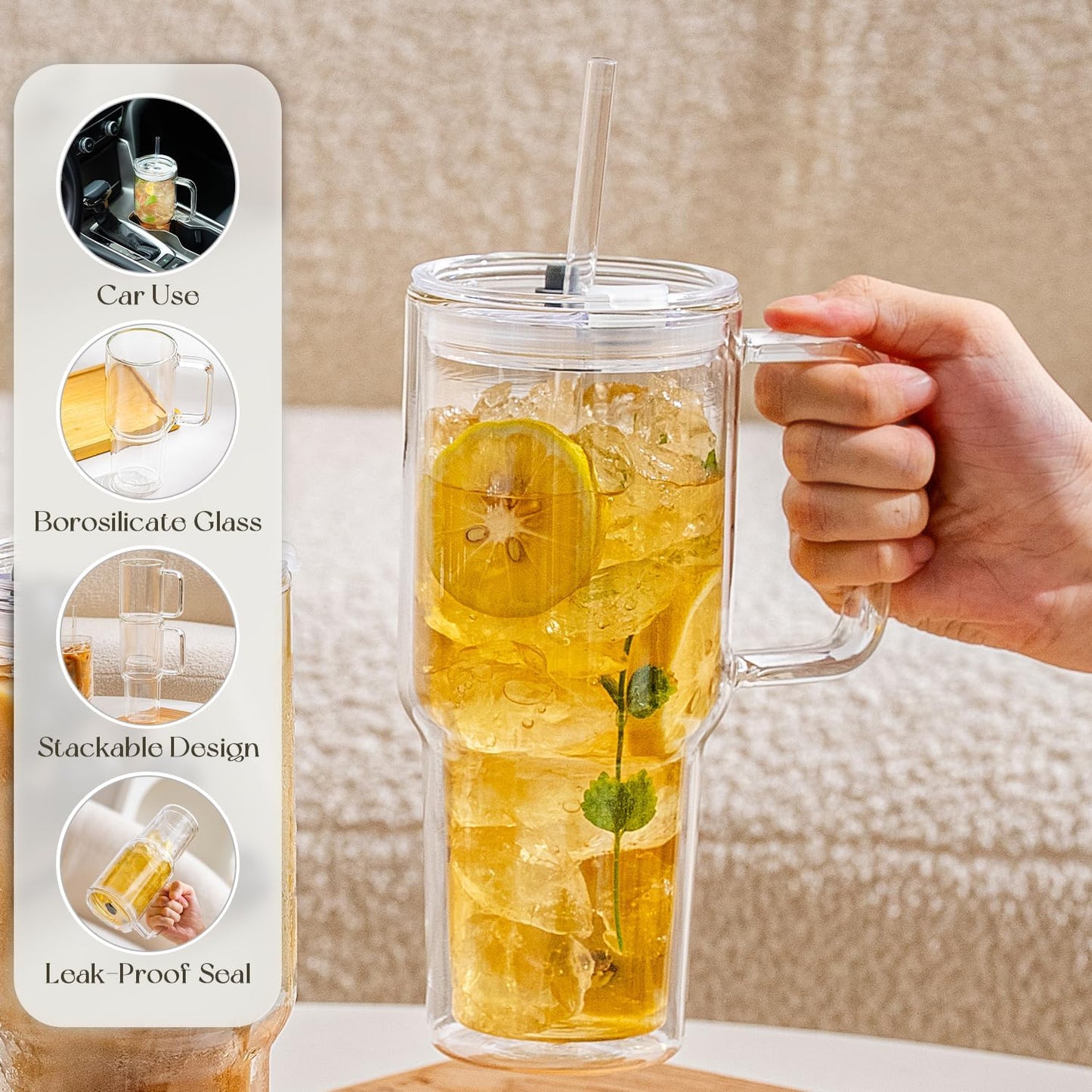 KEMORELA 2 Pack 28oz Double Wall Glass Tumblers with Handle, Lids & Straws – Large Insulated Clear Glass Coffee Cups for Iced Coffee, Matcha, Smoothies, Bubble Tea & Cold Drinks