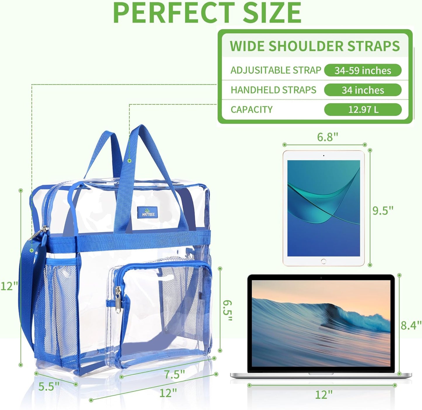 MAY TREE Clear Bag for Stadium Events, 12×5.5×12 Clear Tote Lunch Bag with Non-detachable Reinforced Straps for Work, Sporting Events and Gym, Black