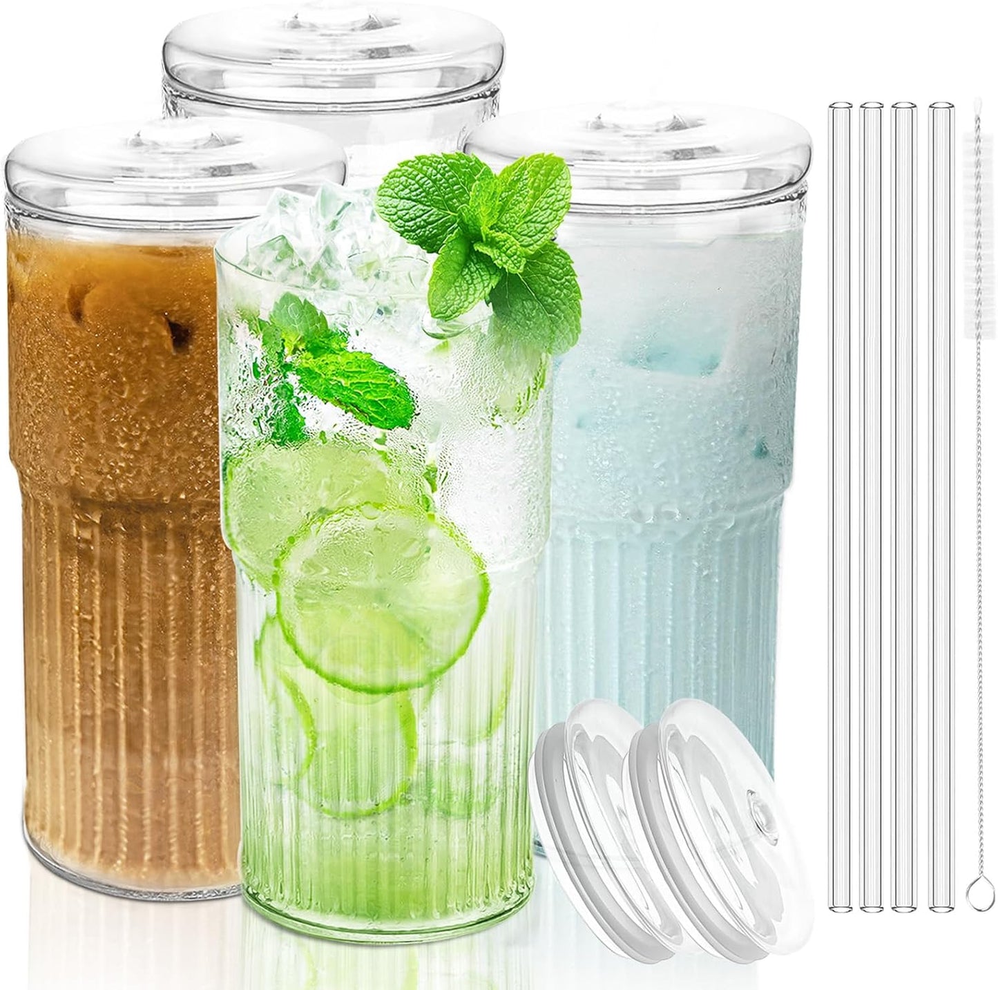Luiaiog 20 oz Glass Cups with Lids and Straws – Single Reusable Tumbler, Thickened Shatter-Resistant Glass, Ideal for Iced Coffee, Smoothies, Cocktails, Juices – Elegant & Durable Drinkware