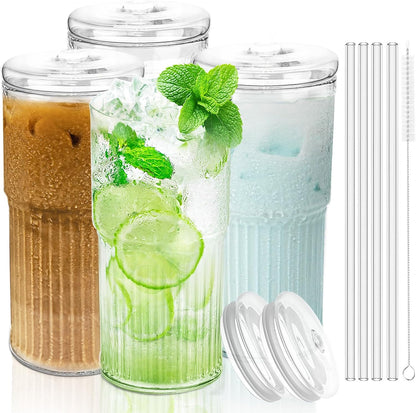 Luiaiog 20 oz Glass Cups with Lids and Straws – Single Reusable Tumbler, Thickened Shatter-Resistant Glass, Ideal for Iced Coffee, Smoothies, Cocktails, Juices – Elegant & Durable Drinkware