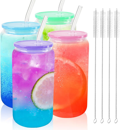 Joyclub 8pcs 16 oz Glass Cups with Acrylic Lids and Straws Can Shaped Iced Coffee Glasses Cute Tumbler Set Drinking Jars for Smoothie Soda Boba Beer Party Housewarming Gifts