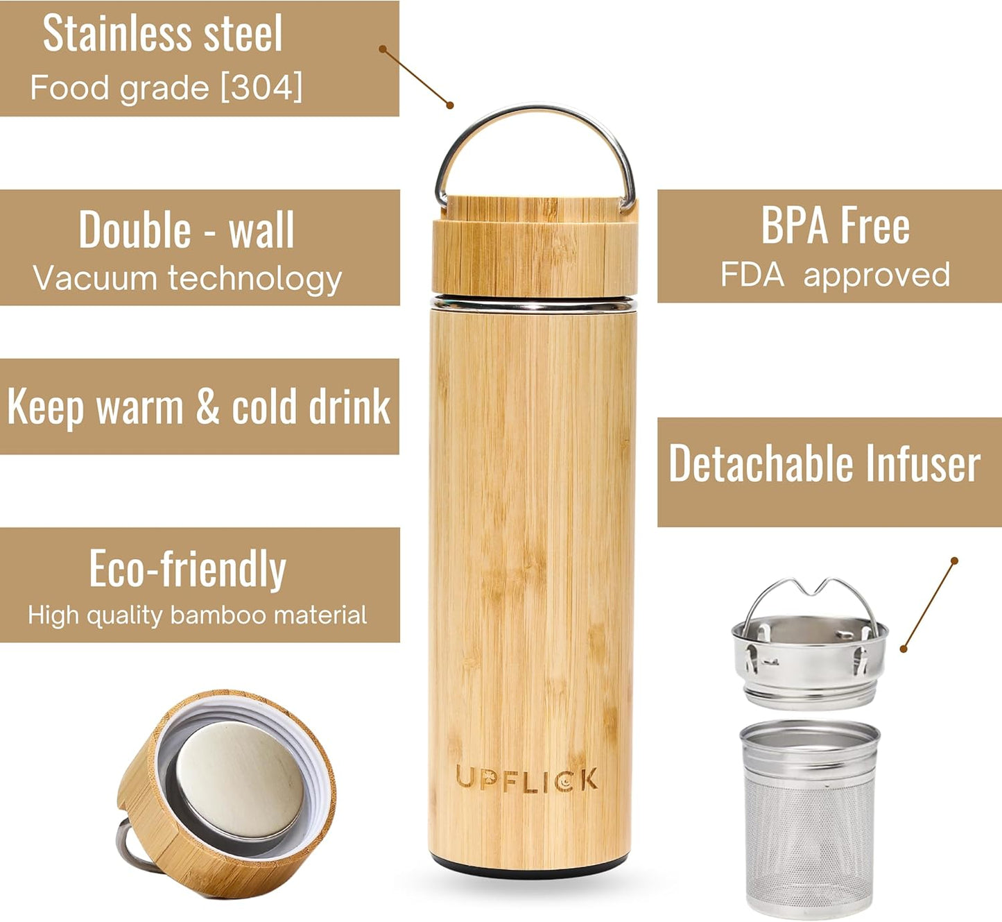 Bamboo Water Bottle Insulated Tea Tumbler for Men Birthday Gift, Women Travel Tea Set with Diffuser for Loose Tea Leaves, Stainless Steel Leak Proof Gift for Mom (15 oz)