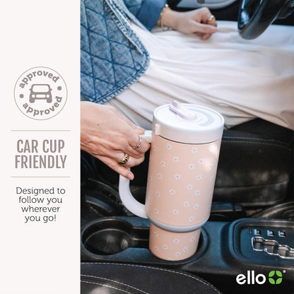 Ello Oasis 40 oz Tumbler with Handle & Retracting Straw | Reusable Insulated Stainless Steel Cup 100% Leakproof, Gifts for Teens Women Men | Keeps cold for 24 Hours, Cup Holder Friendly, Daisies
