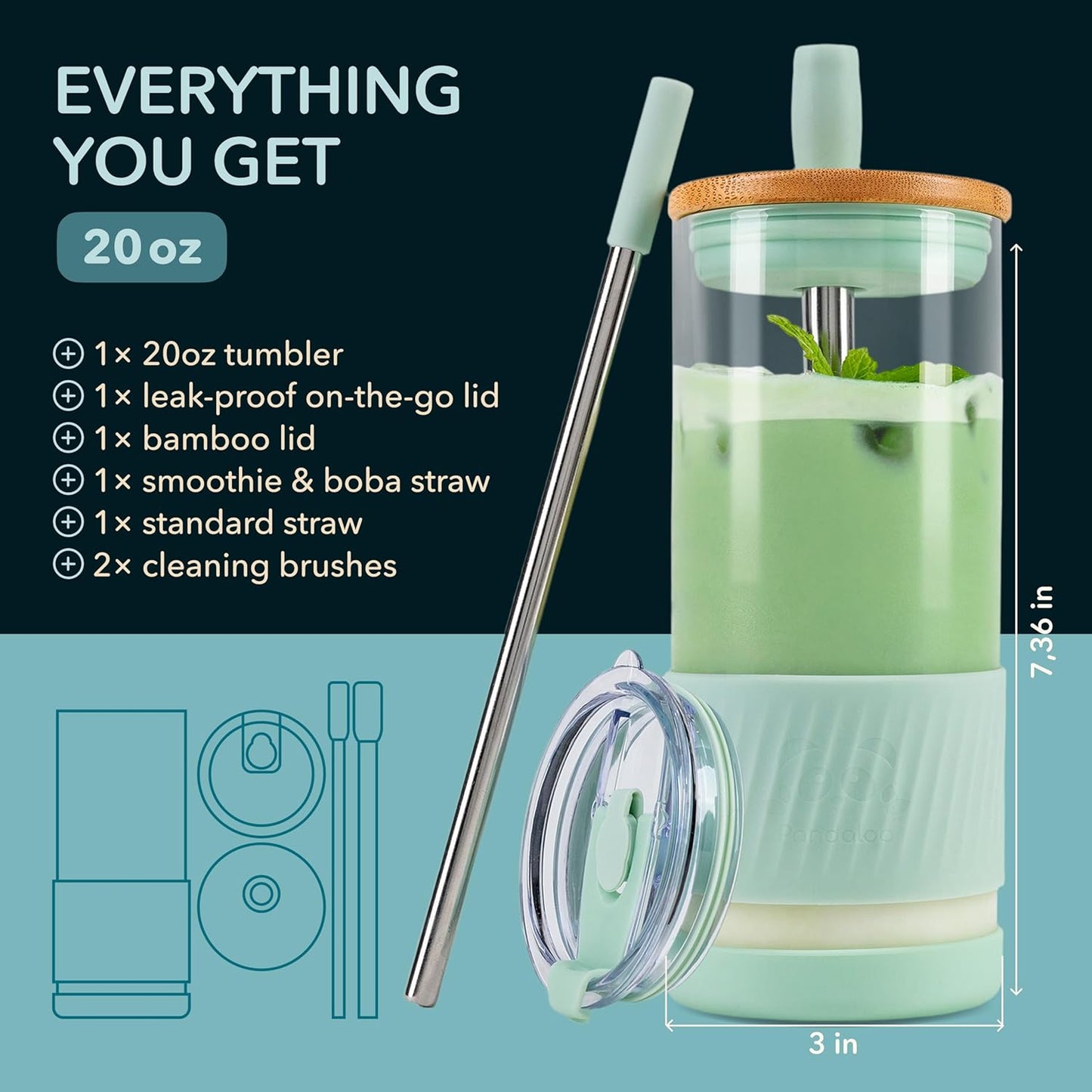 Pandaloo® Glass Cups With Lids and Straws -20 Fl Oz- Perfect Size Iced Coffee Cup - Smoothie Cup With Bamboo Lid and On the go Lid - Glass Tumbler With Straw (1 Count (Pack of 1), Lilac Rhapsody)