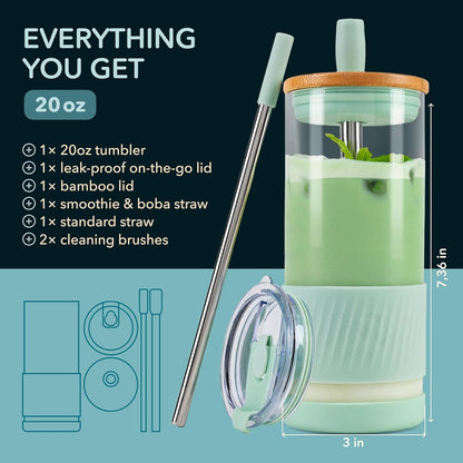 Pandaloo® Glass Cups With Lids and Straws -20 Fl Oz- Perfect Size Iced Coffee Cup - Smoothie Cup With Bamboo Lid and On the go Lid - Glass Tumbler With Straw (1 Count (Pack of 1), Lilac Rhapsody)