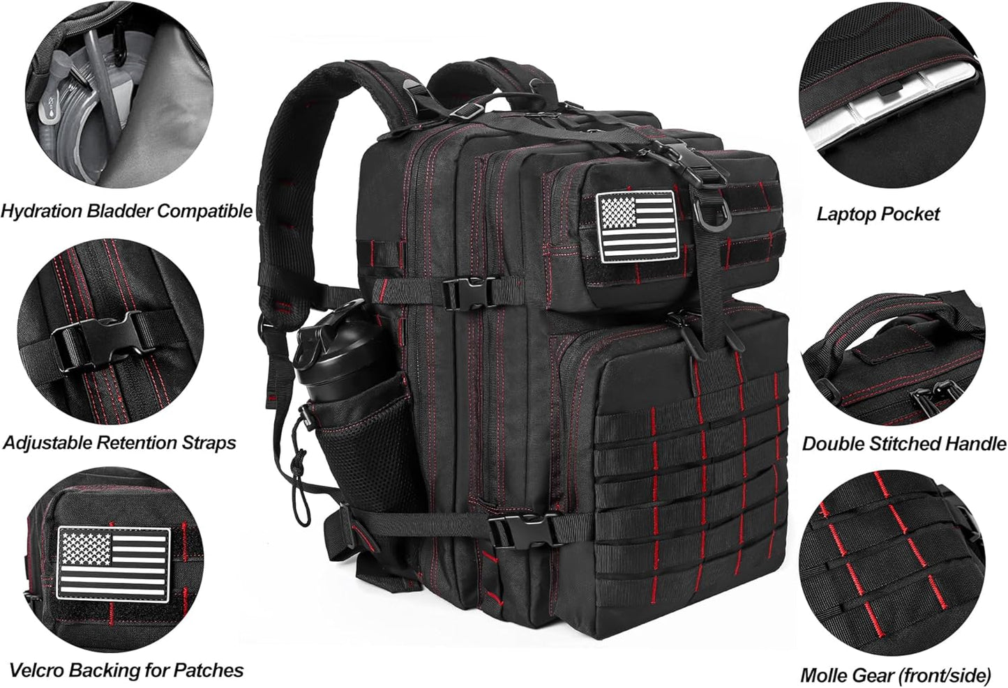 LHI Military Tactical Backpack for Men and Women 45L Army 3 Days Assault Pack Bag Large Rucksack with Molle System - Black - Colors A