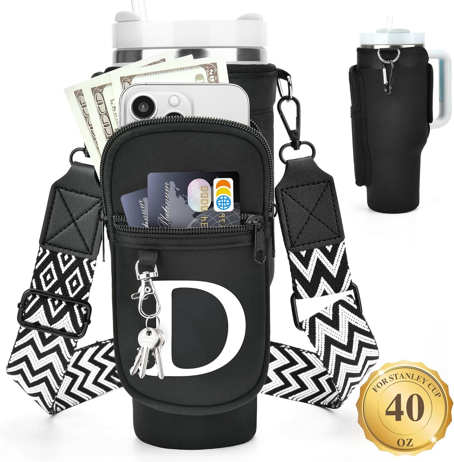 LOKASS Personalized Water Bottle Holder with Strap for Stanley Cup Accessories 40 oz, Initial for Stanley Cup Holder Carrier Bag with Phone Pocket, Stylish Tumbler Accessories for Daily Use Hands-Free