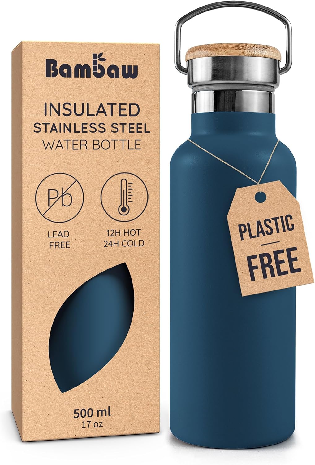 Bambaw 24 oz Stainless Steel Water Bottle, Insulated Metal Water Bottle Wide Mouth, Great for Hiking & Travel, With Handle Easy to Carry, Rust-Resistant & Durable (Aegean Blue)