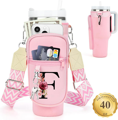 LOKASS Personalized Water Bottle Holder with Strap for Stanley Cup Accessories 40 oz, Initial for Stanley Cup Holder Carrier Bag with Phone Pocket, Stylish Tumbler Accessories for Daily Use Hands-Free