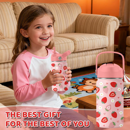 Strawberry Gifts for Kids - 16oz Pink Kids Water Bottle with Straw Lid, Stainless Steel Insulated Water Bottle, Leakproof, BPA-Free, for Girls, School, Strawberry Lover Children Birthday Gift Cup(1pc)