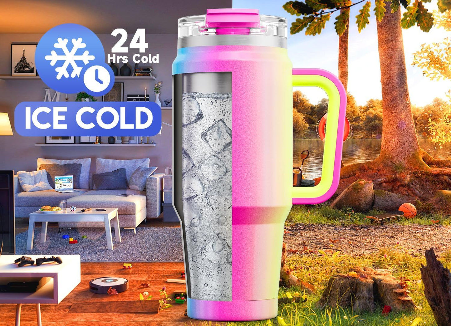 Meoky 32 oz Tumbler with Handle, Insulated Tumbler with Lid and Straw, Stainless Steel Travel Mug, Keeps Cold for 24 Hours, 100% Leak Proof, Fits in Car Cup Holder (Night)