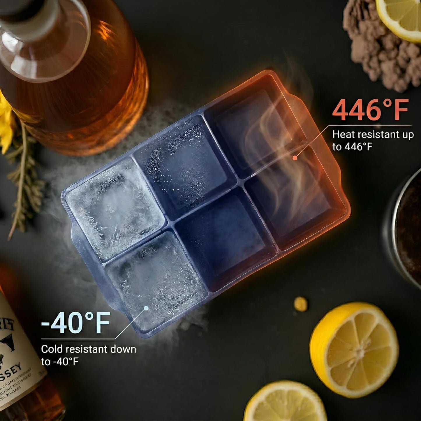 KitchFort Large Silicone Ice Cube Tray (2-Pack), Easy Release 2" Big Ice Cubes - Cocktail, Whiskey Ice Cubes Mold - Ice Trays for Freezer with Lid - Stackable Silicone Ice Tray - Black
