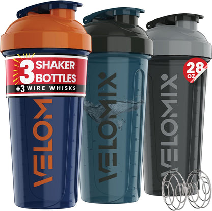 VELOMIX -3 PACK- 28 oz Protein Shaker Bottle for Protein Mixes - 3x Wire Whisk | Leak Proof Shaker Cups for Protein Shakes | Stackable Protein Shaker Bottle Pack | Dishwasher Safe (ColorBurst Set)