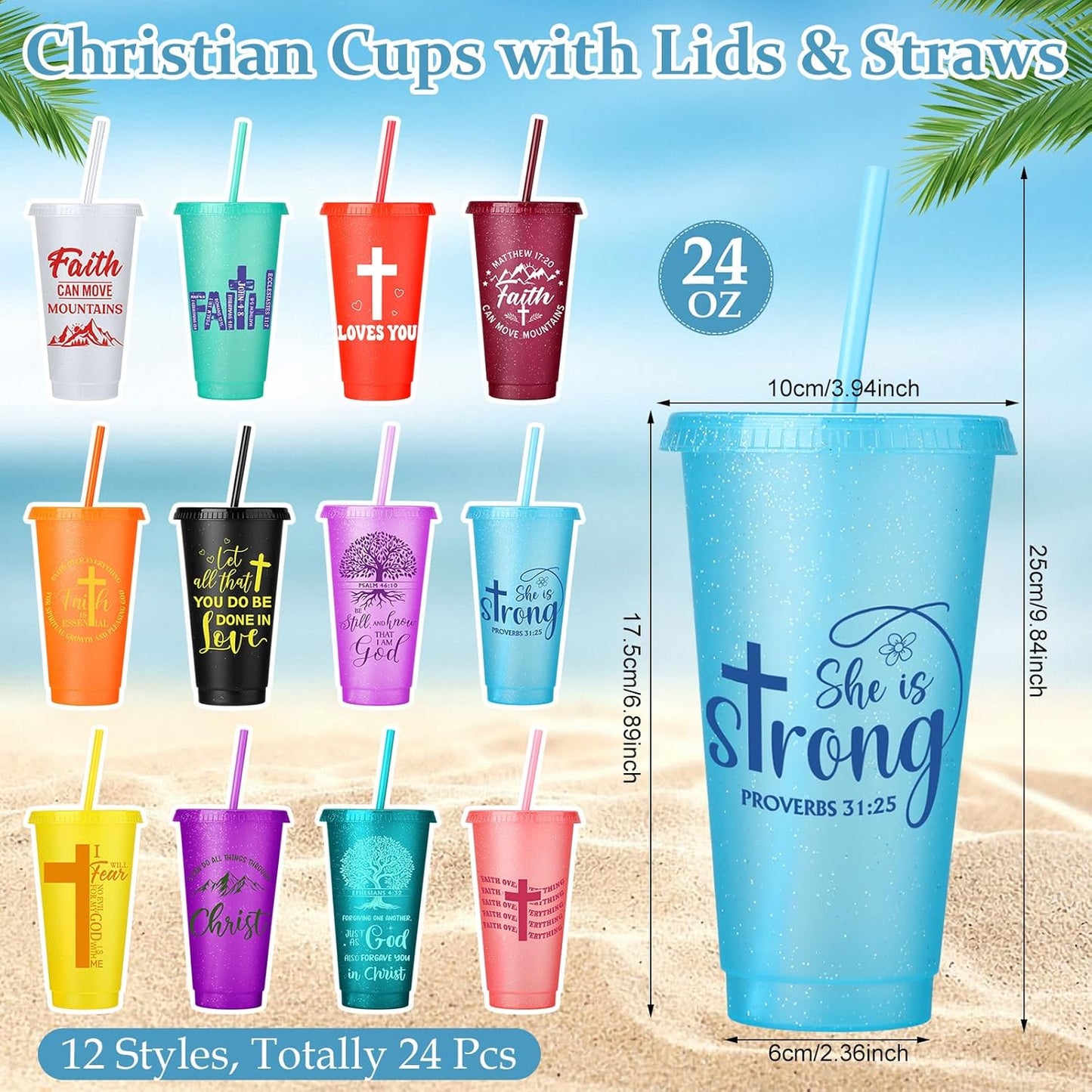 Feifeiya 72 Pcs/ 24 Set Bible Verse Gifts Bulk 24 oz Father's Day Christian Plastic Tumbler with Lids and Straws Inspirational Prayer Notepads Religious Pen Church Cups Gift for Christian Party Favors