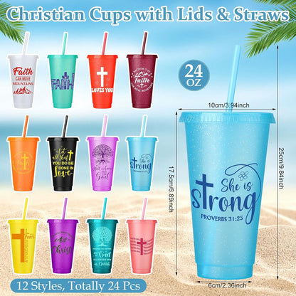 Feifeiya 72 Pcs/ 24 Set Bible Verse Gifts Bulk 24 oz Father's Day Christian Plastic Tumbler with Lids and Straws Inspirational Prayer Notepads Religious Pen Church Cups Gift for Christian Party Favors