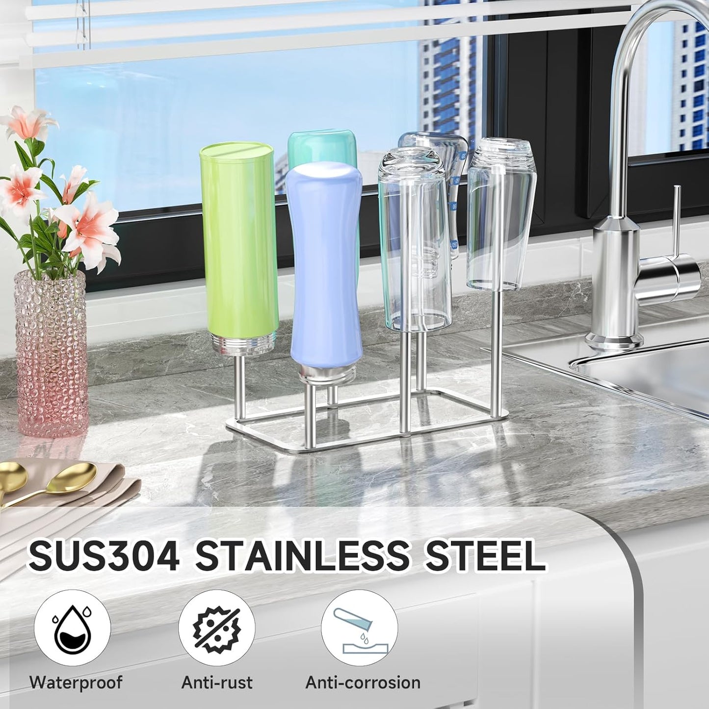 Water Bottle Drying Rack Reusable Bottle Rack Dryer Kitchen Stand Holder Metal Countertop Baby Bottle Drying Rack Water Cup Drying Rack for Plastic Bags, Bottles and Cups (Sliver, Small)
