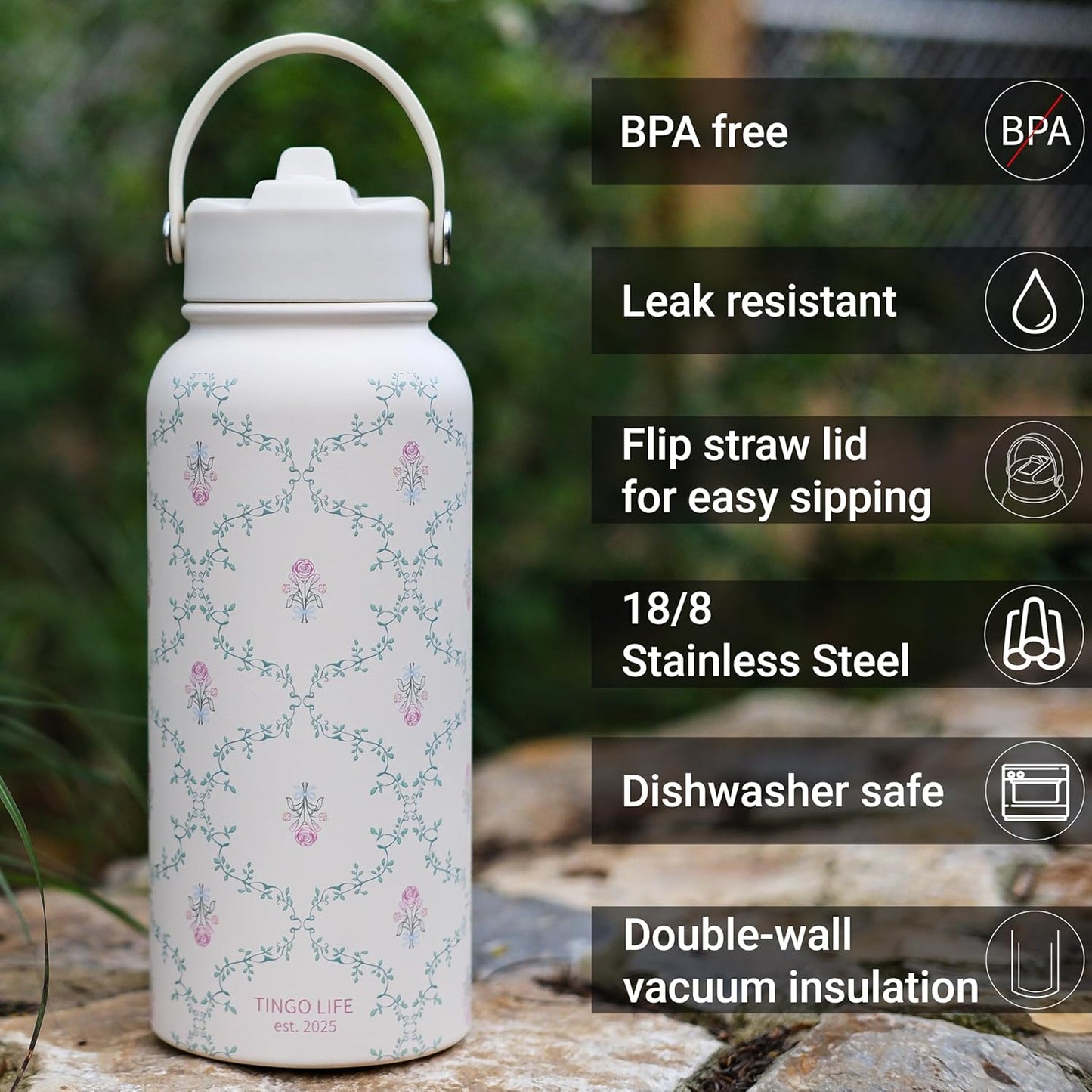 25oz Insulated Stainless Steel Aesthetic Cute Water Bottle - 2 Lids Included (Straw + Sport Handle), Leakproof BPA-Free, Dreamy Cream Cute Floral Design, Perfect Gym/Yoga/Office Companion