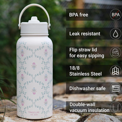 25oz Insulated Stainless Steel Aesthetic Cute Water Bottle - 2 Lids Included (Straw + Sport Handle), Leakproof BPA-Free, Dreamy Cream Cute Floral Design, Perfect Gym/Yoga/Office Companion