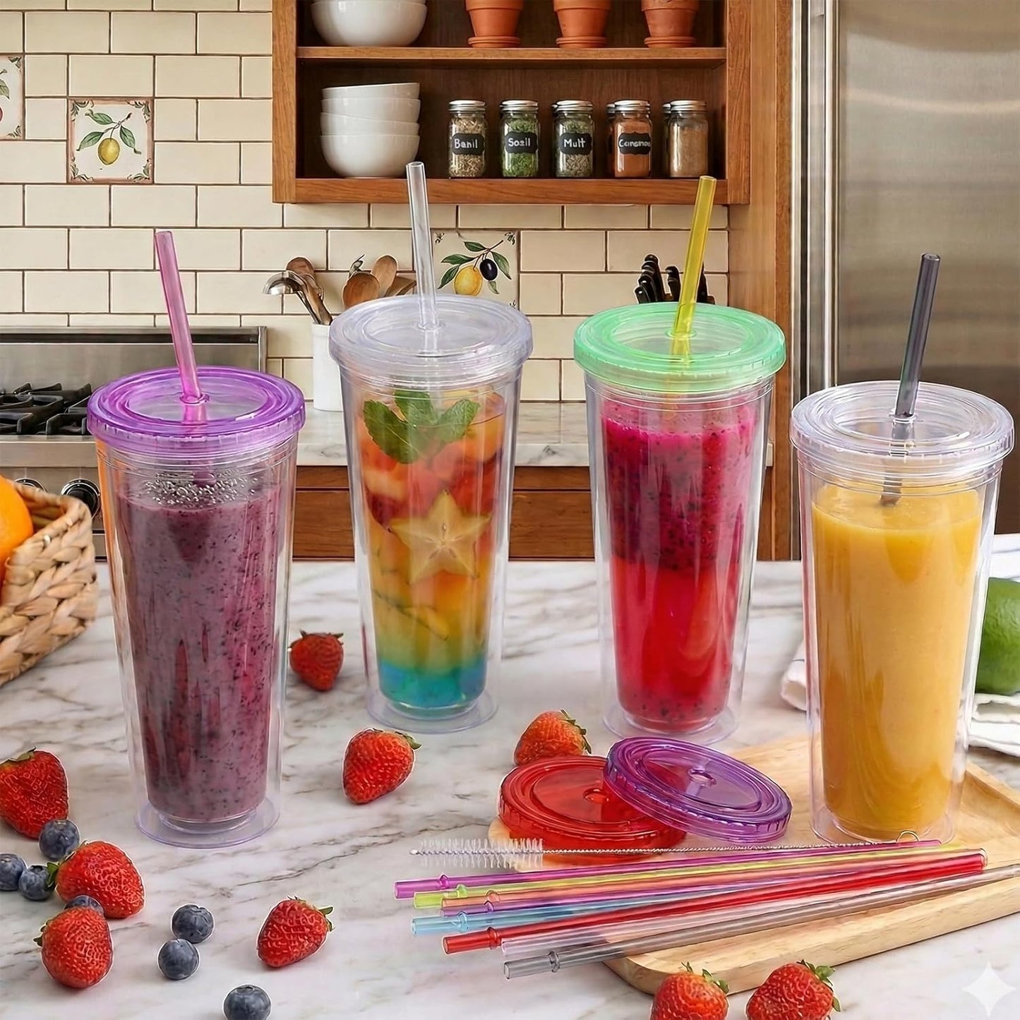 ALINK 10.5 in Long Reusable Plastic Straws with Brush, Tritan Hard Plastic Tumbler Straws, 10 Rainbow Colored Replacement Straw for 16 OZ 20 OZ 30 OZ Stanley, YETI, Starbucks Tumblers, Mason Jars