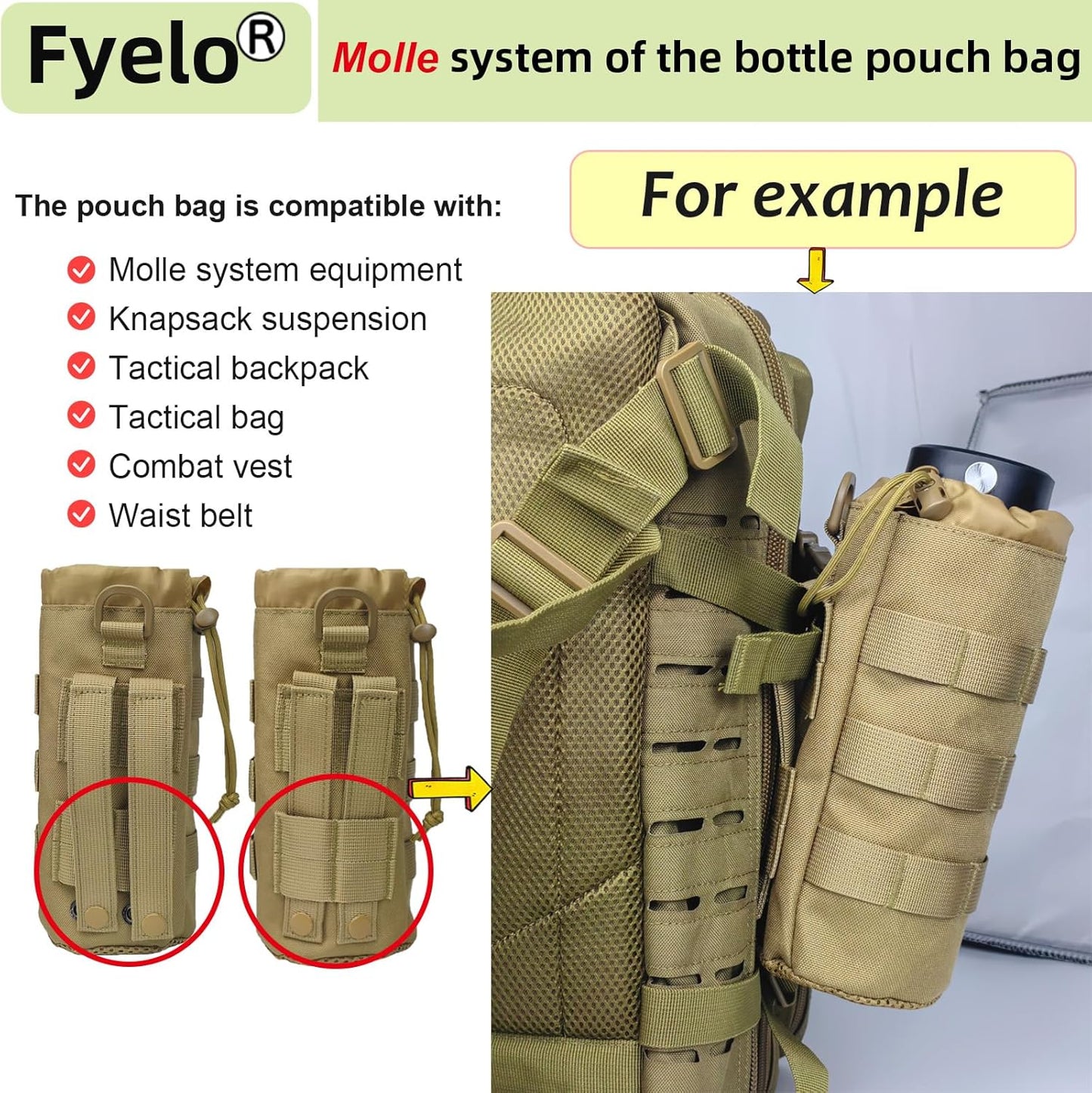 Tactical MOLLE Bottle Pouch Bag, Travel/Sprots Molle Water Bottle Holder with Drawstring Open Top and Mesh Bottom