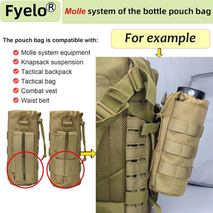 Tactical MOLLE Bottle Pouch Bag, Travel/Sprots Molle Water Bottle Holder with Drawstring Open Top and Mesh Bottom