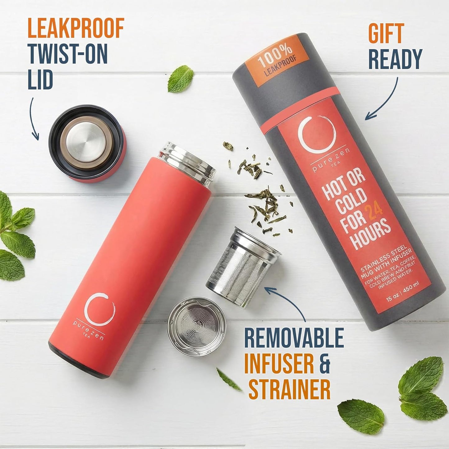 Pure Zen Tea Thermos with Infuser for Hot and Cold Infusions - Stainless Steel - Tea Infuser Bottle - Leakproof Travel Mug with Filter - 15oz - Blue