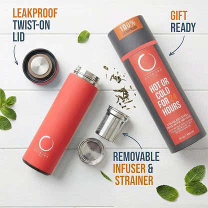 Pure Zen Tea Thermos with Infuser for Hot and Cold Infusions - Stainless Steel - Tea Infuser Bottle - Leakproof Travel Mug with Filter - 15oz - Blue