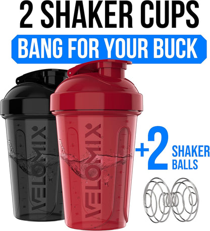 VELOMIX -2 Pack- 20 oz Protein Shaker Bottles for Protein Mixes - 2x Wire Whisk | Leak Proof Shaker Cups for Protein Shakes and Pre Workout | Protein Shaker Bottle Pack (Black/Transparent)